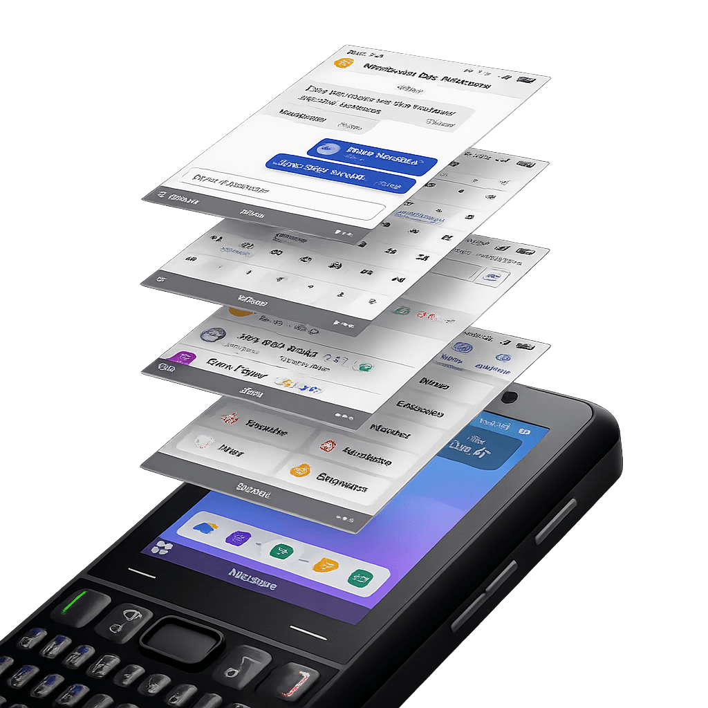Keyphone software detail view showing the custom OS home screen and app icons
